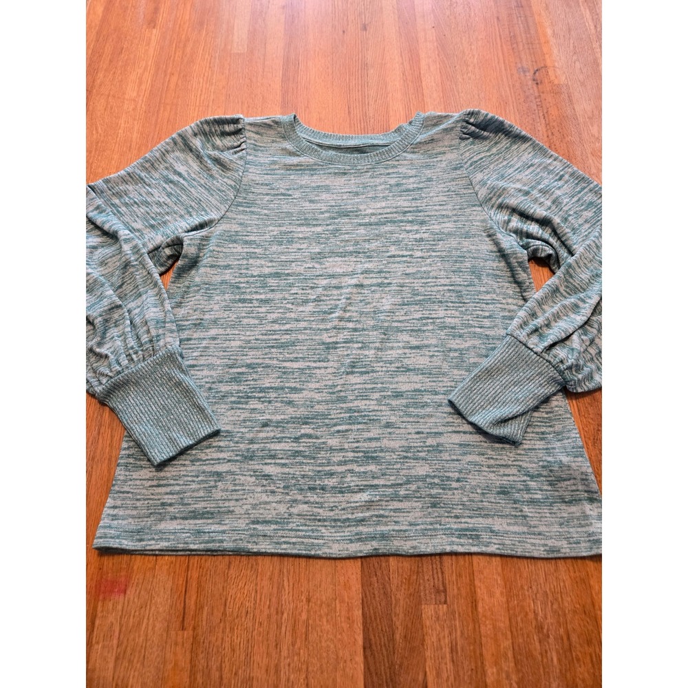 A.N.A A New Approach Women SM Marled Teal Knit Puffed Long Sleeve Pullover Shirt